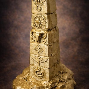 May include: A gold-colored, stacked obelisk sculpture with carved symbols, including an eye, compass, ram's head, and serpent. The obelisk is on a textured base, and the overall design suggests a mystical or ancient theme.