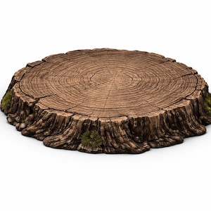 Peut inclure: Une souche d'arbre en bois circulaire détaillée, avec des anneaux de croissance visibles et une écorce texturée. La souche est de couleur marron naturel, avec des touffes de mousse verte sur les côtés. La surface coupée est plate.