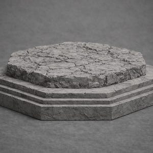 May include: A grey, stone-textured display stand with a multi-tiered, hexagonal base. The top surface is a cracked, weathered stone. Ideal for showcasing products, this stand adds a rustic, natural aesthetic.