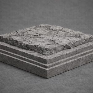 Peut inclure: Un présentoir gris texturé en pierre avec un dessus carré et une base à gradins. La surface supérieure présente un aspect craquelé et vieilli, suggérant une esthétique naturelle et vieillie. Le présentoir est adapté pour exposer de petits objets.