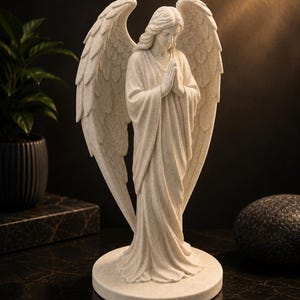 Può includere: Una statuetta di angelo in pietra beige maculata su una base circolare. L'angelo ha grandi ali piumate spiegate verso l'esterno ed è raffigurato con le mani giunte in posizione di preghiera, indossando una lunga veste fluida e drappeggiata.