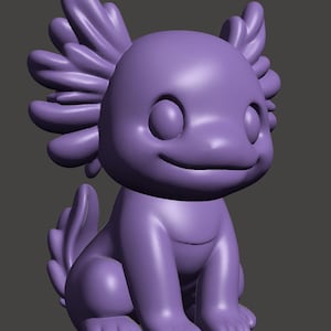 Peut inclure: Figurine d'axolotl violet avec un visage souriant, de grandes branchies plumeuses et une queue enroulée. La figurine est assise, ses petits pieds sont visibles. L'axolotl est un design stylisé de type dessin animé.