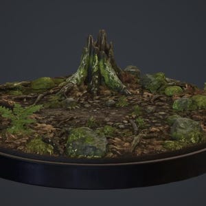 Base de bosque en formato STL: base de terreno forestal con hojas y tocón para figuras, dioramas, estatuas o impresión 3D.