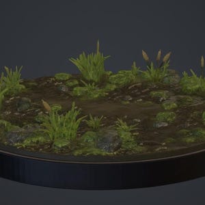 Peut inclure: Une base d'exposition circulaire représentant un paysage de marais miniature avec de la boue brun foncé, des pierres grises éparpillées, des taches de mousse verte et plusieurs touffes d'herbe verte avec des tiges de massette brunes.