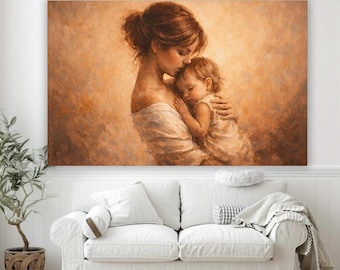 Cuadro decorativo de madre y bebé, decoración neutra y emotiva, lámina familiar cálida.