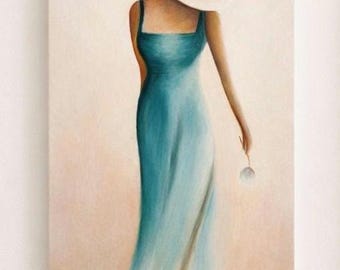 Cuadro decorativo de mujer con vestido azul, impresión minimalista femenina sobre lienzo (descarga digital).