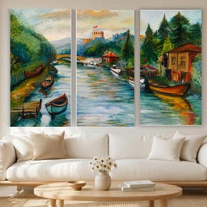 Dreiteiliges Wandbild mit Flusslandschaft, 3-teiliger Kunstdruck mit Naturmotiven, Ölgemälde-Druck der Küstenlandschaft von Amasra, rustikale Dekoration für Seehäuser, Cottagecore-Kunst