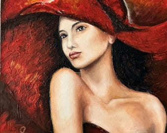 Moederdagcadeau-elegante vrouw portret kunst aan de muur, rode hoed dame schilderij, mode-illustratie decor, stijlvolle vrouwelijke kunstprint, digitale Dowloan