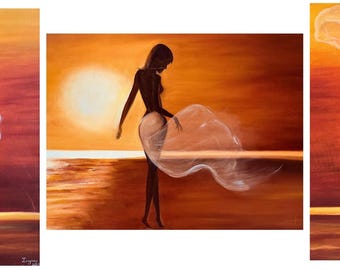 3er Set Sonnenuntergang tanzende Frau Drucke, weibliche Silhouette Ölgemälde (digitaler Download)
