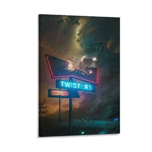 May include: A canvas print depicting a dramatic scene with a neon sign that reads "Twisters" in blue and red. A car is caught in a tornado above the sign. The sign also reads "No Vacancies".