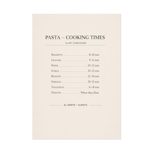 May include: A beige rectangular print with black text detailing pasta cooking times. The text includes pasta types like spaghetti, linguine, and penne, with corresponding cooking times in minutes. The phrase "AL DENTE > ALWAYS" is at the bottom.