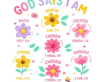 Flores cristianas PNG, afirmaciones "Dios dice que yo soy", sublimación de versículos bíblicos para niños (descarga digital)