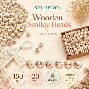 Peut inclure: Un ensemble de 150 perles en bois clair de 20 mm de diamètre, présentant 6 motifs de visages souriants différents. Le kit inclut un cordon élastique transparent. Le texte SHI-HELOE, Wooden Smiley Beads et Craft. Create. Smile. est visible.