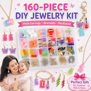 Op de afbeelding: Een 160-delige DIY-sieradenset met een verscheidenheid aan kleurrijke kralen, bedels en bevindingen. De set bevat materialen om oorbellen, armbanden en kettingen te maken. De tekst luidt: "Perfect cadeau voor creatieve kinderen en tieners."
