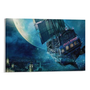 May include: A canvas print depicts a fantastical scene of a pirate ship, the Jolly Roger, soaring through a starry night sky above a city. The ship is detailed with dark sails and illuminated windows, with the moon in the background.