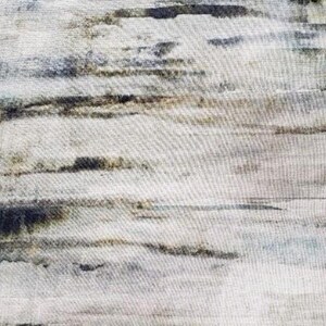 May include: Abstract textile pattern featuring horizontal brushstrokes in shades of gray, black, and muted green. The design has a watercolor effect, creating a textured, artistic appearance. Suitable for fabric or wallpaper.
