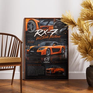 Pode incluir: Um poster emoldurado com um vibrante carro esportivo Mazda RX-7 VeilSide Fortune laranja. O pôster inclui imagens detalhadas dos componentes do carro e texto. O pôster é exibido em um piso de madeira ao lado de uma cadeira de madeira e plantas secas decorativas.