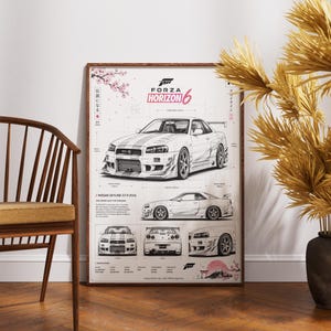 Pode incluir: Um poster emoldurado com uma ilustração detalhada de um carro branco Nissan Skyline GT-R R34, com o texto "FORZA HORIZON 6". O poster inclui múltiplas vistas do carro e ilustrações de texto japonês e flores de cerejeira. O poster está encostado a uma parede branca.