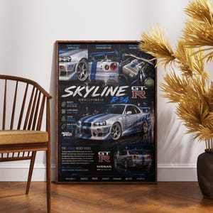 May include: A framed poster featuring a silver Nissan Skyline R34 GT-R sports car with blue racing stripes. The poster includes images of the car's details and text in English and Japanese. The poster is displayed next to a wooden chair and decorative dried plants.