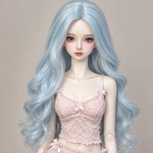 Könnte beinhalten: Eine Kugelgelenkpuppe mit langem, welligem, hellblauem Haar, blauen Augen und blasser Haut. Die Puppe trägt ein hellrosa, spitzenbesetztes Camisole-Top mit dünnen Trägern und einer kleinen Schleife am Oberteil sowie passenden Spitzenverzierungen.