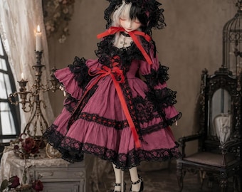 Victorian BJD Doll Dress with Lace Bonnet, Gothic Romantic Doll Outfit for 1/6 1/4 1/3 Dolls, White Black Pink Burgundy