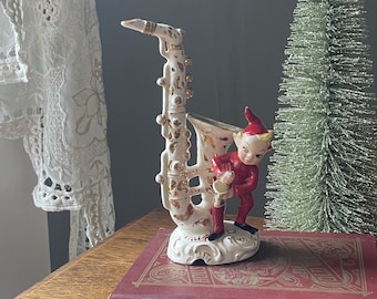 Vintage Lipper & Mann Red Pixie Elf with Saxophone Figure-Damage-1956 Japan 8'' Pixie/Elf- Gift Saxophone Player/ Musician-Red Christmas Elf