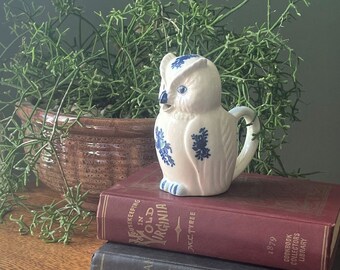 Vintage Ceramic Owl Creamer- Owl Syrup Pitcher- Blue & White Owl- Gift Owl Lover- Small Owl Vase- Vintage Owl Kitchen- JSNY- Lil Owl Pitcher