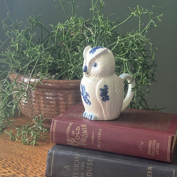 Vintage Ceramic Owl Creamer- Owl Syrup Pitcher- Blue & White Owl- Gift Owl Lover- Small Owl Vase- Vintage Owl Kitchen- JSNY- Lil Owl Pitcher