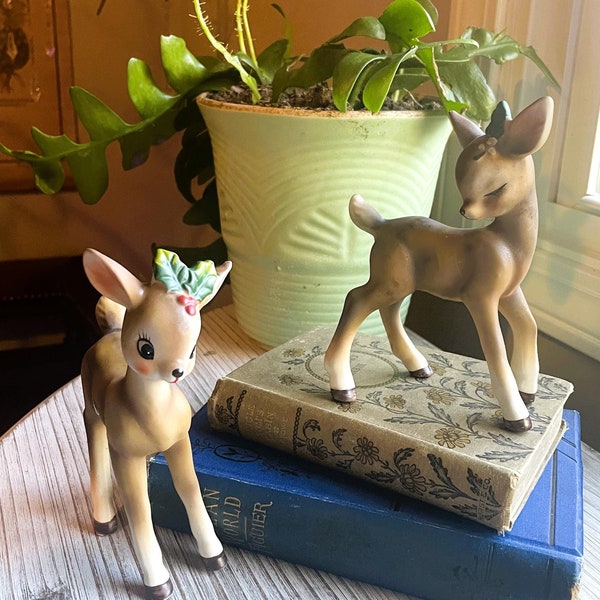 RARE- Pair- Josef Originals Holly Deer- MCM Kitschy Christmas- Made in Japan- Midcentury Christmas Deer- Vintage 1960's Ceramic Deer Figures