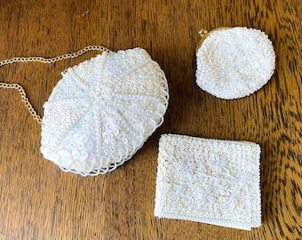 Vintage Lot- Pearled, Sequined Evening Bags/ Wallet/ Coin Purse- White Evening Bag- Made in Hong Kong- Le Jule- Clutch Purse- Gift For Her