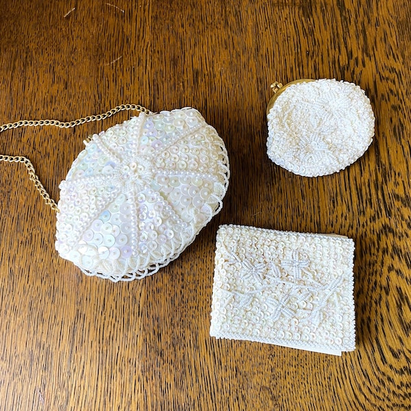 Vintage Lot- Pearled, Sequined Evening Bags/ Wallet/ Coin Purse- White Evening Bag- Made in Hong Kong- Le Jule- Clutch Purse- Gift For Her