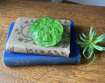 Vintage Uranium Glass Flower Frog- 3 1/2'' Diameter, Vintage Floral Arranging, Vaseline Glass Frog- Glows in the Dark- Cool Vintage