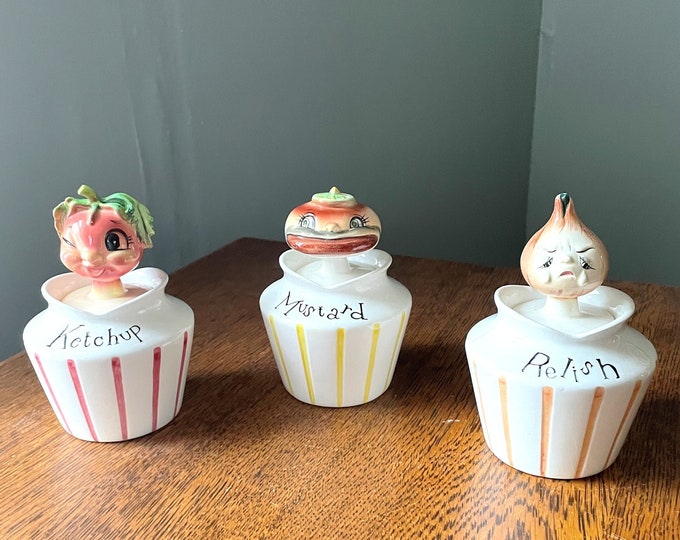 RARE Vintage Trio Lefton Pixieware Holt Howard Lefton Condiment Jars
