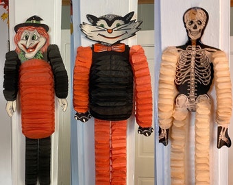 Vintage Beistle Co. Honeycomb Tissue Streamer Dancer- Witch, Cat, Skeleton Retro 1960's Die Cut Halloween Party Decorations- Vint Halloween