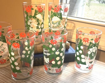 Vintage MCM Holiday Glasses- Set of 6- Hazel Atlas Christmas Glasses- Retro Holiday Hazelware Tumblers- Happy New Year- Holiday Barware