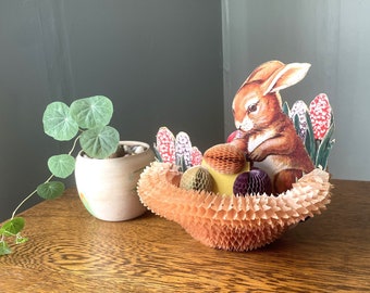 Vintage Die Cut Easter Centerpiece- Basket with Bunny Rabbit Honeycomb Eggs Table- Beistle Easter- Vintage Easter Party Decor- Vintage Bunny