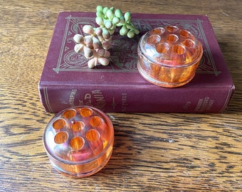 Vintage Pair- Marigold/ Iridesdcent Carnival Glass Flower Frogs- Orange Iridescent Glassware- Floral Arranging- Gift Gardner- Floral Crafts