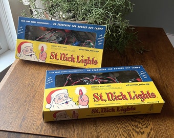 Vintage Pair- "St. Nick Lights" Multicolor Christmas Lights in Original Boxes- Midcentury Xmas- Bulbs with Spring Clips- Nostalgic Xmas