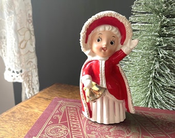 Vintage Mid- Century Enesco Spaghetti Trim Christmas Girl with Bells- Kitsch Christmas Girl Figurine- Waving Girl with Red Coat- MCM Xmas