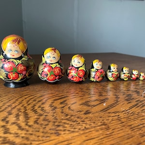 Vintage Set of 10 Handpainted Russian Matryoshka/ Nesting Dolls/ Babushka Dolls- Russian Souvenir- Russian Collectible- Black Matryoshka
