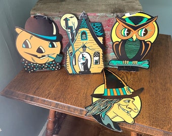 Vintage Set of 4- Beistle Halloween Embossed Die Cuts- Owl- Haunted House- Jack-O-Lantern, Witch & Moon- Neon Halloween Die Cuts