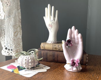 Vintage Pair- Small Tabletop Ceramic Hands- Hand Display- Vanity Display- Trinket Dish- Feminine Vanity/ Dresser Decor- Vintage Rose Decor