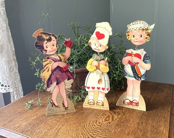 RARE- Vintage Trio Large Standing German Nodder/ Bobble Head Valentine Girls- Vintage Valentines- German Valentine Die Cuts- V Day Decor