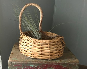 Vintage Basket- Unique Vintage Rustic Basket With Natural Branch Handle- Curly/Corkscrew Willow Handle- Gathering Basket- Flower Basket