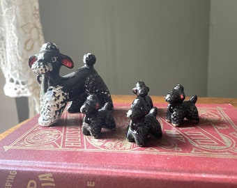 Vintage Redware Black Poodle Family- Vintage Redware- Gift Black Poodle- Midcentury Black Poodle Animal Figurines- Redware Dogs-Vintage Gift