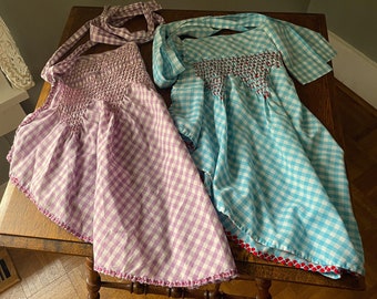 Vintage Pair- Checkered Gingham Aprons- Turquoise & Purple Pleated Aprons- Shabby Chic, Cottage Chic- Grandmacore- Country Kitchen Apron