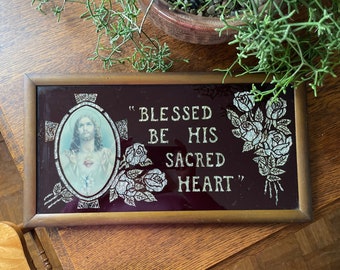 Vintage Religious Foil Art ”Blessed Be His Sacred Heart" Folk Art- Framed Vintage Art- Tinsel Painting Folk Art- Vintage Religious Decor