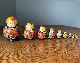 Vintage Set of 10 Handpainted Russian Matryoshka/ Nesting Dolls/ Babushka Dolls- Russian Souvenir- Russian Collectible- Black Matryoshka