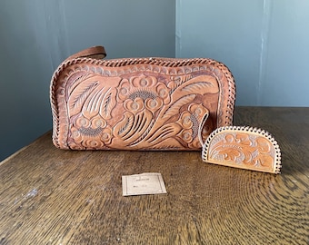 Vintage Hand Tooled Leather Clutch & Coin Pouch- 1970's Leather Purse- Boho Floral Design Leather Wrist Clutch- Leather Coin Purse- Gift Her