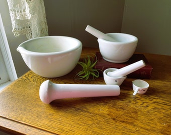 Vintage Set of 7- Porcelain Coors Mortar & Pestle Sets- Vintage Science Equipment- Spices Grinder- Vintage Pharmaceutical- Medicine, Herbs